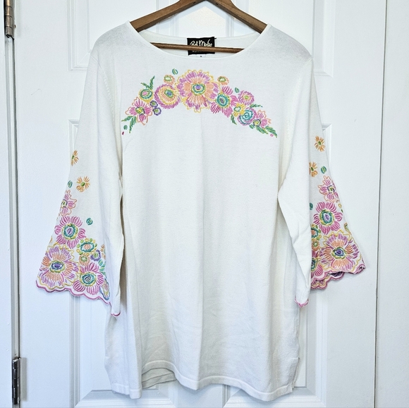 Bob Mackie Tops - Bob Mackie Wearable Art  VintageIvory Floral Embroidered Bell Sleeve Knit Top 1X